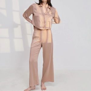 Lunya Washable Silk High Rise Pant Set - size small otium tan